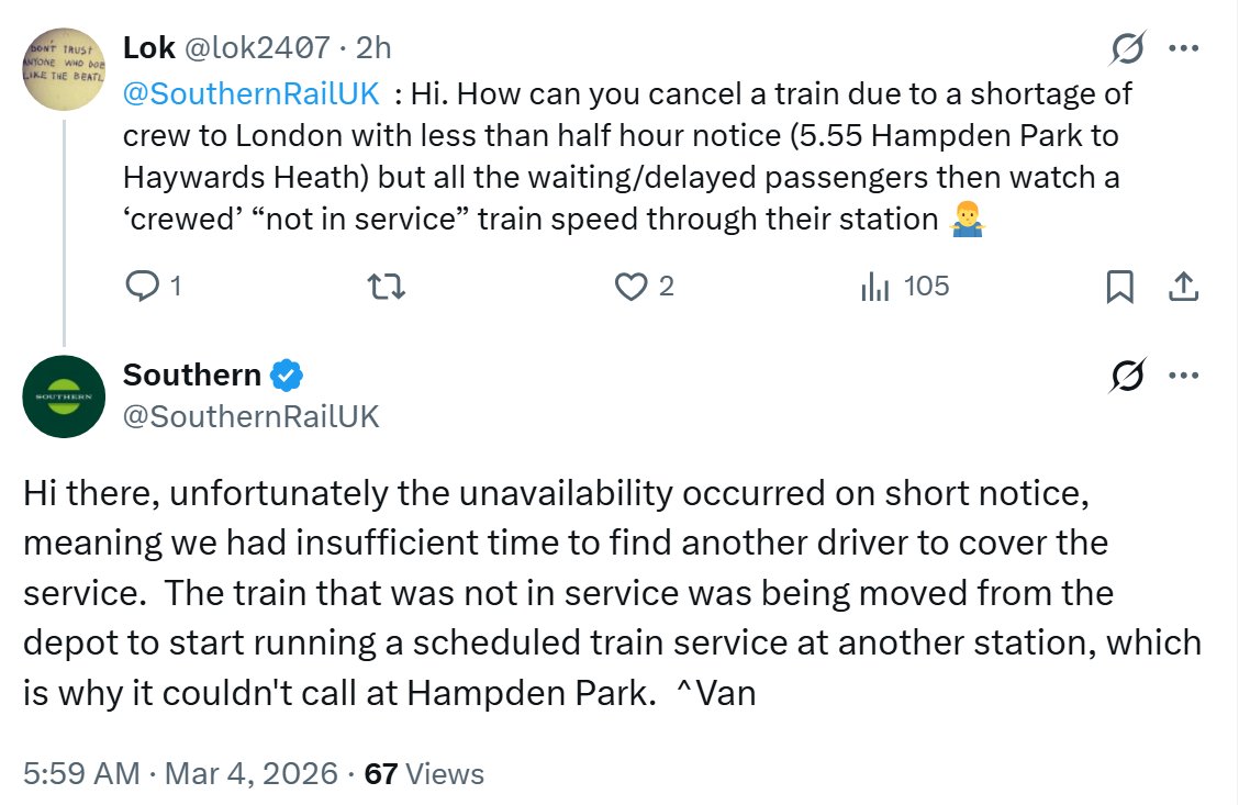 CoyModemKnight's tweet image. Bullshit Alert! Train terminated at Eastbourne and ran empty to Haywards Heath due to an issue with the OBS's roster: nothing at all to do with drivers. #liars