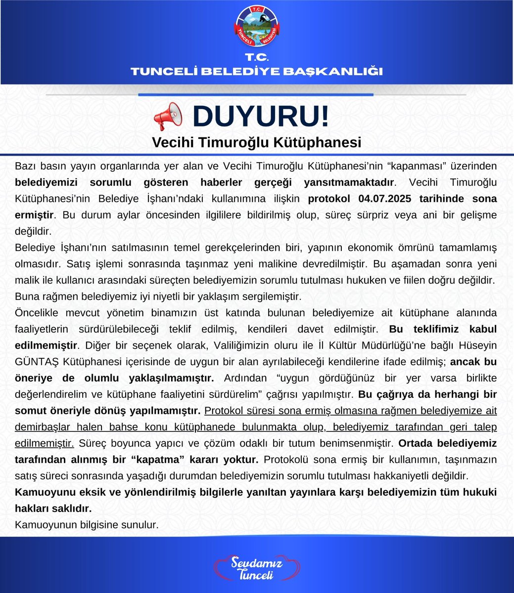 TunceliDestek's tweet photo. @BIKBIK_BIK Tunceli Belediye Başkanlığının konu ile ilgili basın açıklaması:
https://t.co/wgxpSY5u6m https://t.co/3qC8Nsex3z