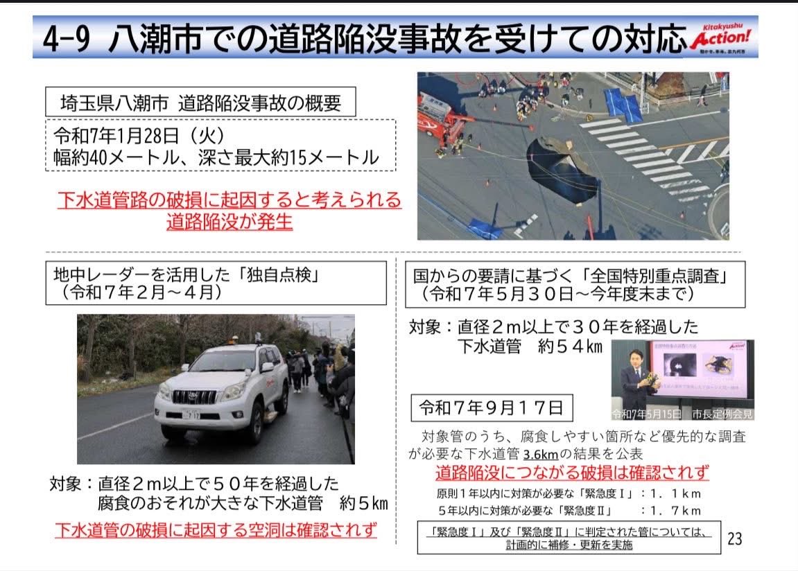 大地震や風水害といった自然の脅威、雨水・下水処理のメカニズムを科学的に事前に分析し対応できる強い体質づくりのために2030中期5ケ年計画とコストの策定中
他の政令市や大都市でも行っていない北九州ユニークな新技術がある
ドローン活用や人材育成で大事故の未然防止をお願いします