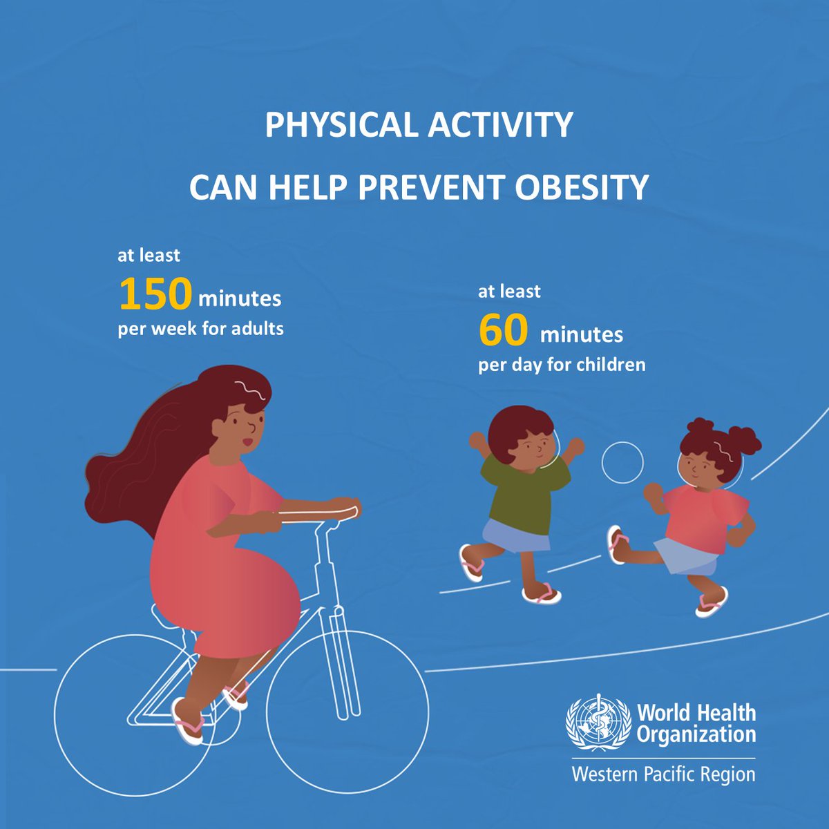 Having at least 60 minutes of physical activity per day for children and 150 minutes per week for adults can help prevent #obesity. 

Let’s promote physical activity at home, schools, workplaces and communities. 🚲🚶🏽‍♀️⚽🧘🏾‍♂️💃🏾👟

#WorldObesityDay
