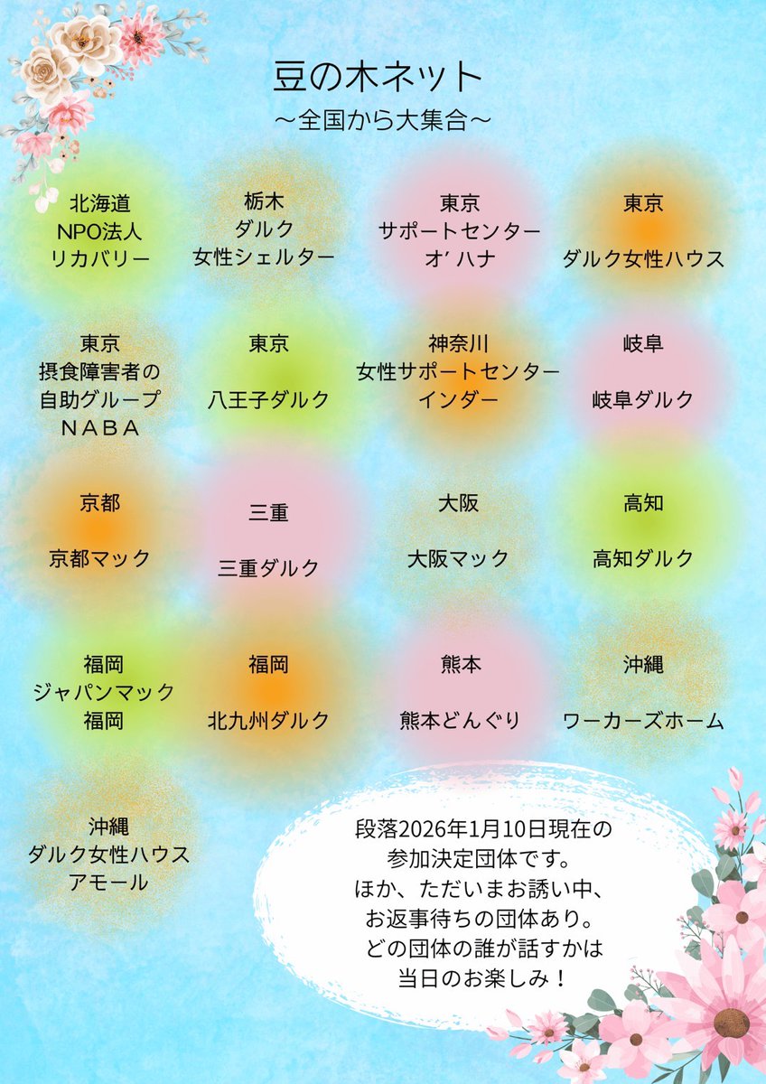 【他団体催事のご案内】
豆の木ネットワーク高知研修会
豆ネットは自らが依存症や暴力被害の経験者で現在は全国のリハビリ施設やグループ等で当事者の支援活動をしている女性たちのネットワークで、NABAも団体として参加しています。今回は高知で開催。地元の皆さんオープンセミナーにご参加ください。