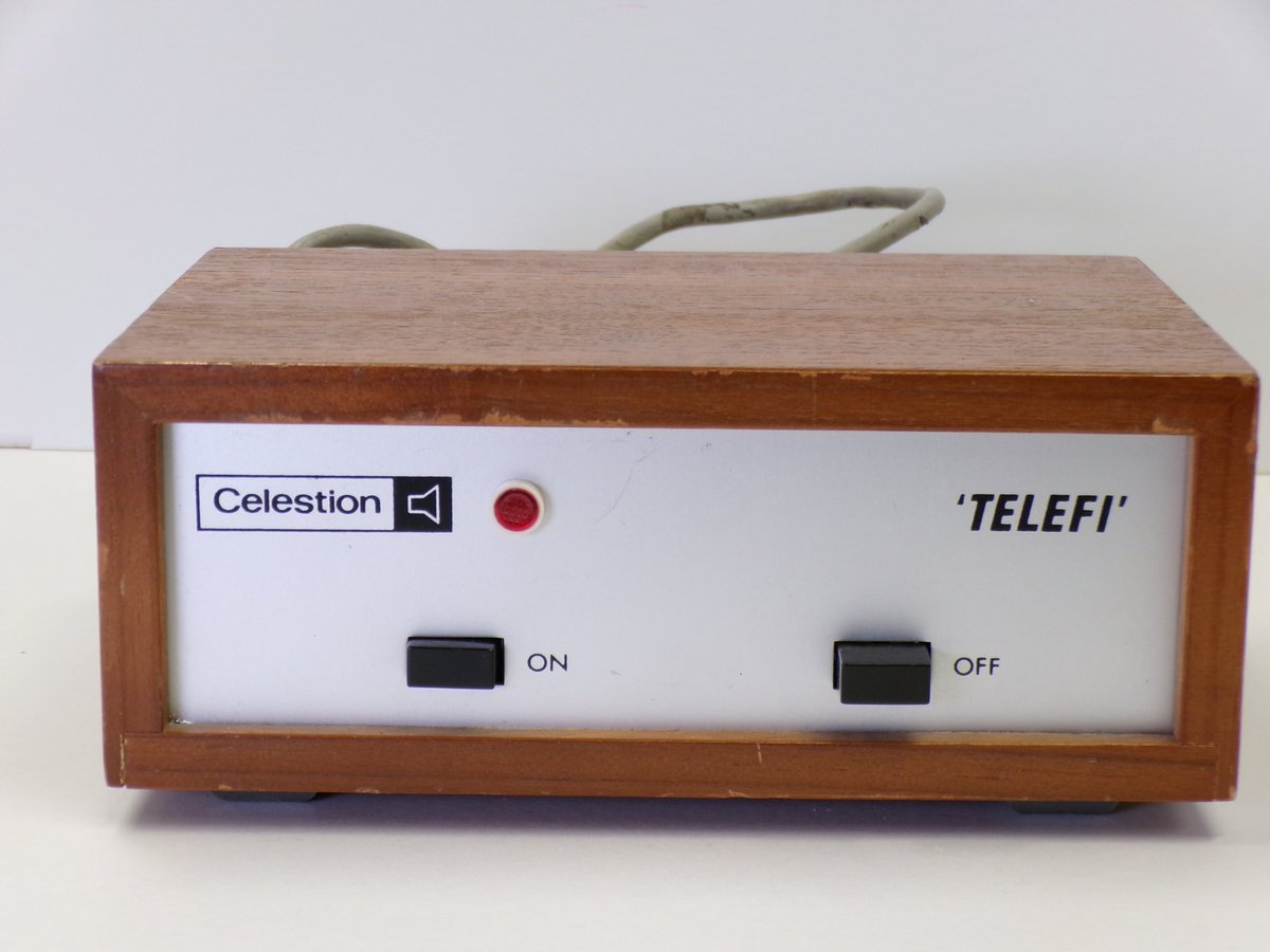 Gwefr's tweet photo. Wireless in Wales: Celestion TeleFi made in 1974. This was a means of getting high-quality sound from an analogue television. The audio is then fed to a hi-fi amplifier and loudspeaker (mono). Analogue, 625-line, television sound was FM. https://t.co/Es8L6Bvgb0