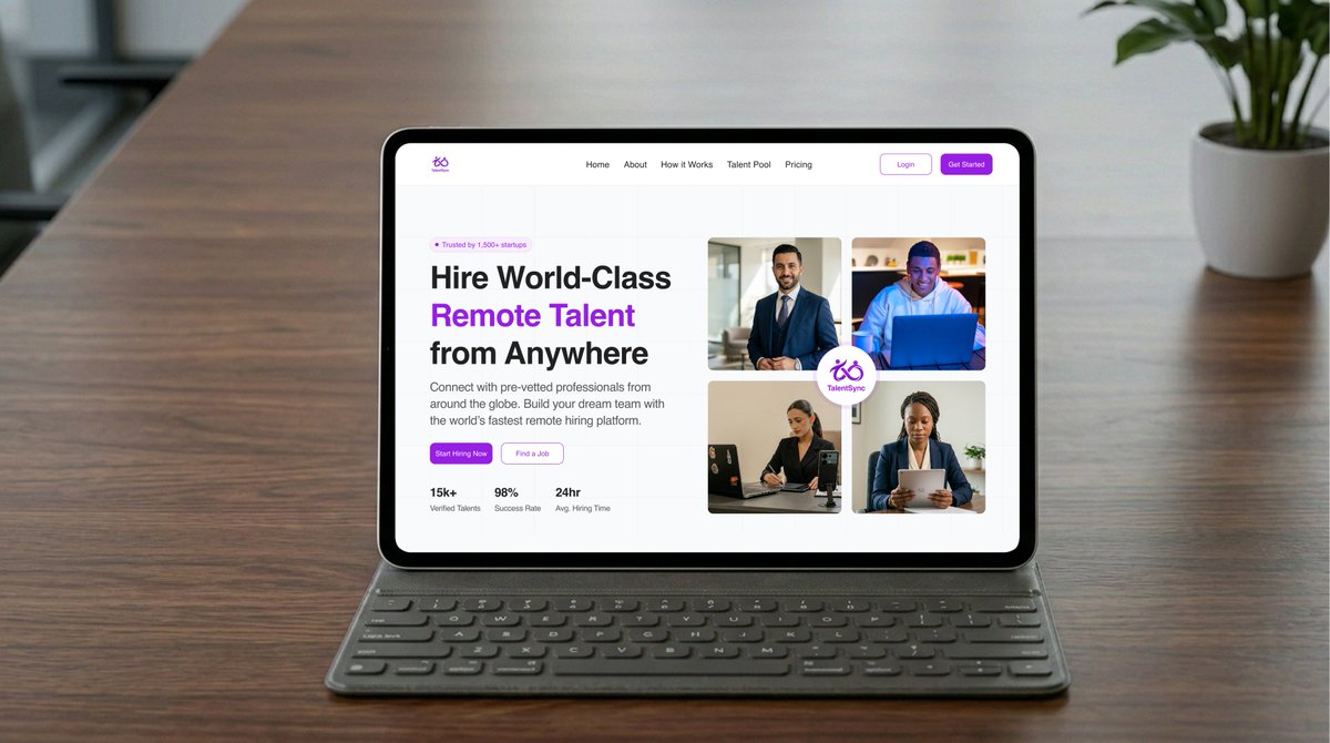 bee_dezigns's tweet photo. The future of work is global and the best talent is just a click away.

For Day 11, I worked on the hero section for TalentSync, a platform that helps startups hire top talents from anywhere in the world.
The goal is to make the hiring process easy for every startup.
#UIUXDesign https://t.co/00azpzWIRX