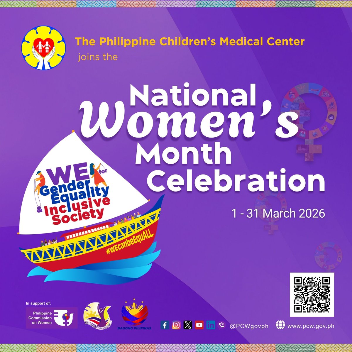 PCMCgovph's tweet photo. This March, the Philippine Children’s Medical Center joins the country in celebrating National Women’s Month, with the theme “𝗪𝗘 𝗳𝗼𝗿 𝗚𝗲𝗻𝗱𝗲𝗿 𝗘𝗾𝘂𝗮𝗹𝗶𝘁𝘆 𝗮𝗻𝗱 𝗜𝗻𝗰𝗹𝘂𝘀𝗶𝘃𝗲 𝗦𝗼𝗰𝗶𝗲𝘁𝘆.” 

#PCMC
#BastaBataPCMC
#WEcanbeEquALL https://t.co/HjPOXotpqw