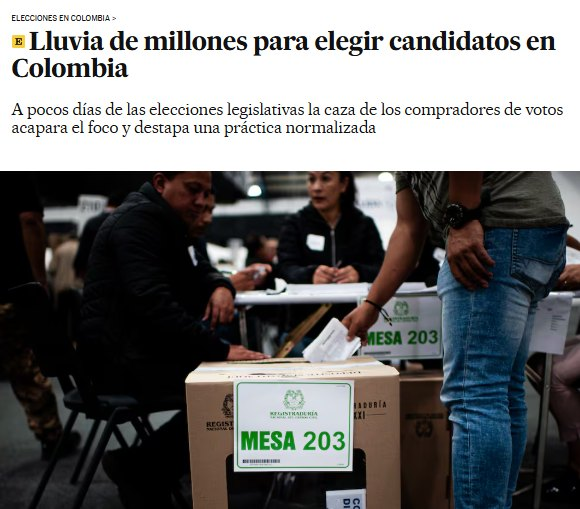 La compra de votos en Colombia es una práctica normalizada. Cada voto se paga a una media de 67$.
La "democracia". 
elpais.com/america-colomb…