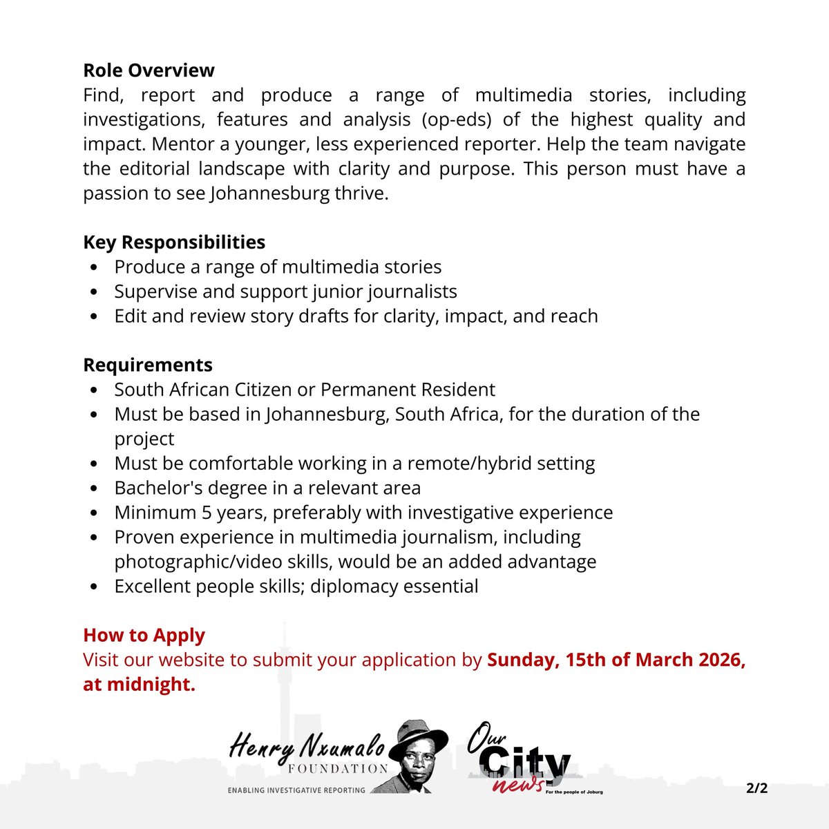 Journ_SA's tweet photo. JOB OPPORTUNITY: The @Henry_Nxumalo Foundation is looking for a senior reporter to join @OurCityNews, its virtual newsroom focussing on Johannesburg. At least five years' experience required, preferably with investigative experience.

🗓 Apply by 15 March: https://t.co/6D1XrxYZlC https://t.co/vggJY4lzbv