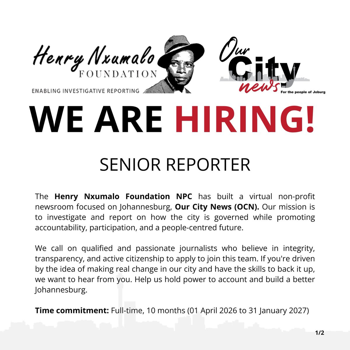 Journ_SA's tweet photo. JOB OPPORTUNITY: The @Henry_Nxumalo Foundation is looking for a senior reporter to join @OurCityNews, its virtual newsroom focussing on Johannesburg. At least five years' experience required, preferably with investigative experience.

🗓 Apply by 15 March: https://t.co/6D1XrxYZlC https://t.co/vggJY4lzbv