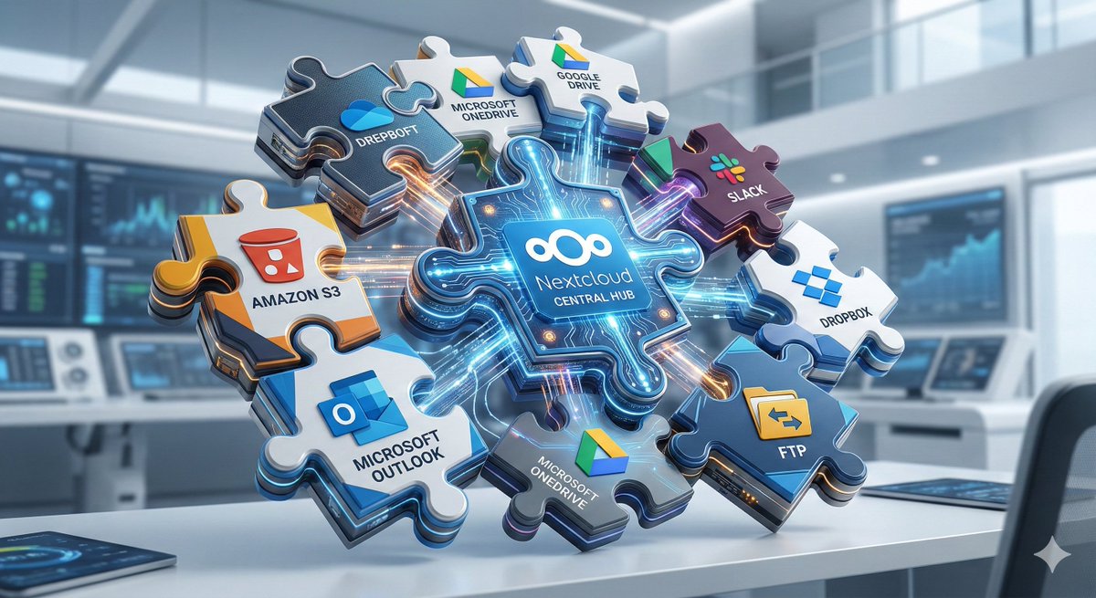 Step_Computer_'s tweet photo. Nextcloud bir ada değil, merkezi bir köprüdür. Mevcut altyapınızı terk etmenize gerek yok. Nextcloud; Amazon S3, SMB/CIFS, FTP ve çok daha fazla harici depolama servisini doğrudan içine bağlamanıza olanak tanır. Outlook, SharePoint ve Teams ile entegre çalışır. #nextcloud https://t.co/0620Qg61g3