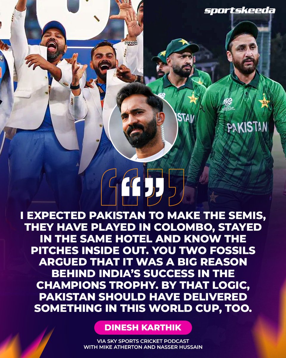 Sportskeeda's tweet image. Dinesh Karthik weighs in on the venue advantage debate in the Champions Trophy and T20 World Cup. 👀

#INDvPAK #T20WorldCup #Sportskeeda