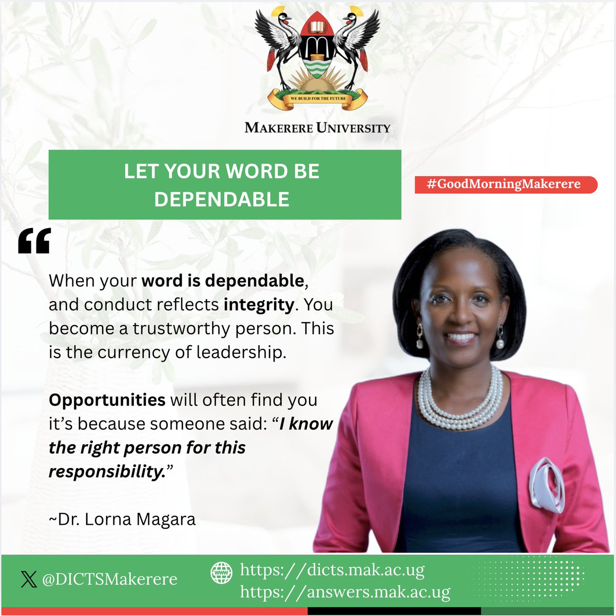 DICTSMakerere's tweet image. Are your actions different from your words?

Dr. @MagaraLorna says:
"When your word is dependable, and conduct reflects integrity. You become a trustworthy person. This is the currency of leadership."

As you #BuildForTheFuture, work on your currency of leadership.

Good morning.