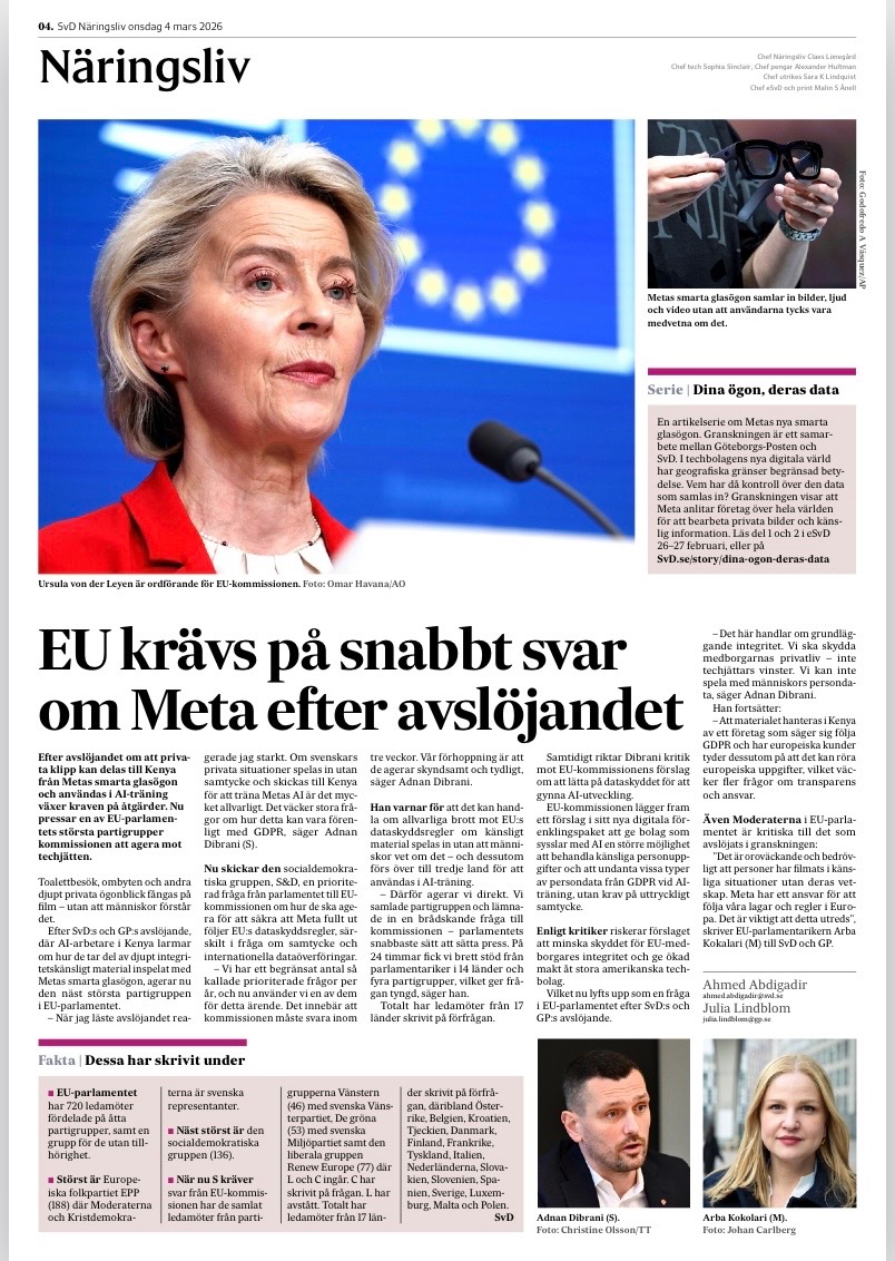 livbeckstrom's tweet image. Mycket bra initiativ från S-gruppen efter avslöjandet i @SvD om att privata klipp kan delas till Kenya från #Metas smarta glasögon och användas i #AI-träning . Nu pressar en av EU-parlamentets största partigrupper kommissionen att agera.
Men svenska L avstår från att skriva på!