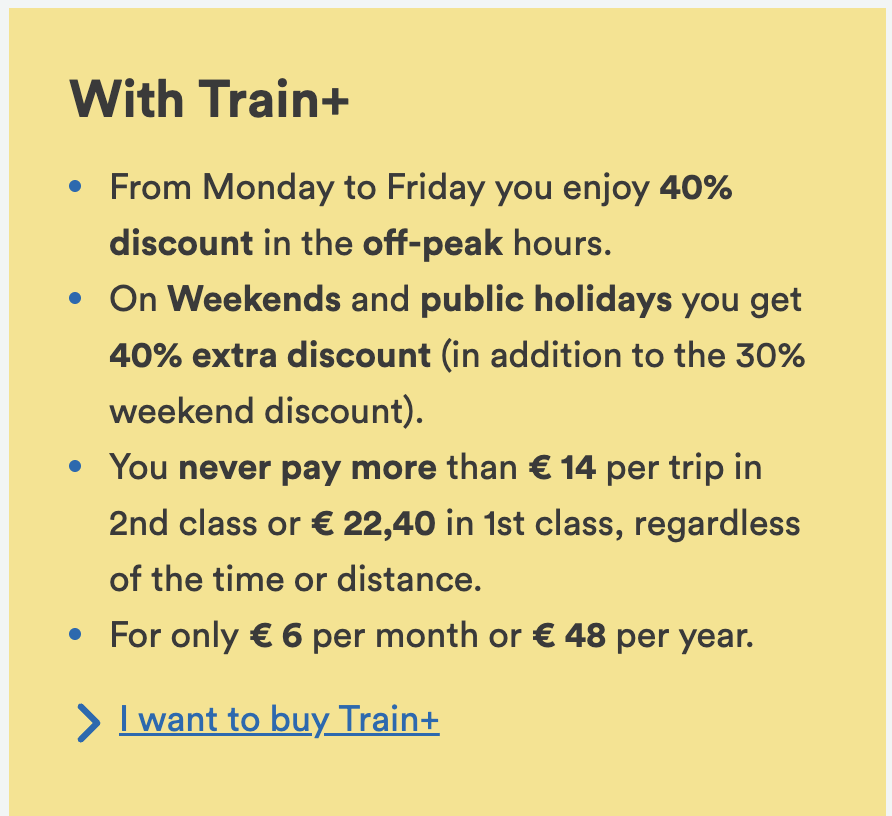 tycattrip35's tweet photo. ベルギーだけに限ると、SNCB（ベルギー国鉄）のサブスクリプション「train+」に加入すれば、オフピーク割引などでかなりの割引になることも発見！
6ユーロの月額費用で40％割引、上限14ユーロまでは強すぎる！
https://t.co/81QQ7UrGGa https://t.co/Y1GrC0TyG6