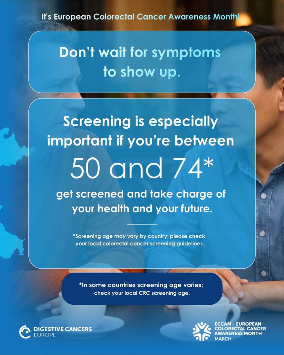 dice_europe's tweet image. Screening helps detect #CRC when treatment is most effective &amp;amp; ultimately saves lives.

When CRC is found early, survival rates are significantly higher.

So, don’t wait for symptoms to show up. If you are 50-74* get screened &amp;amp; take charge of your health &amp;amp; future.

#ECCAM2026