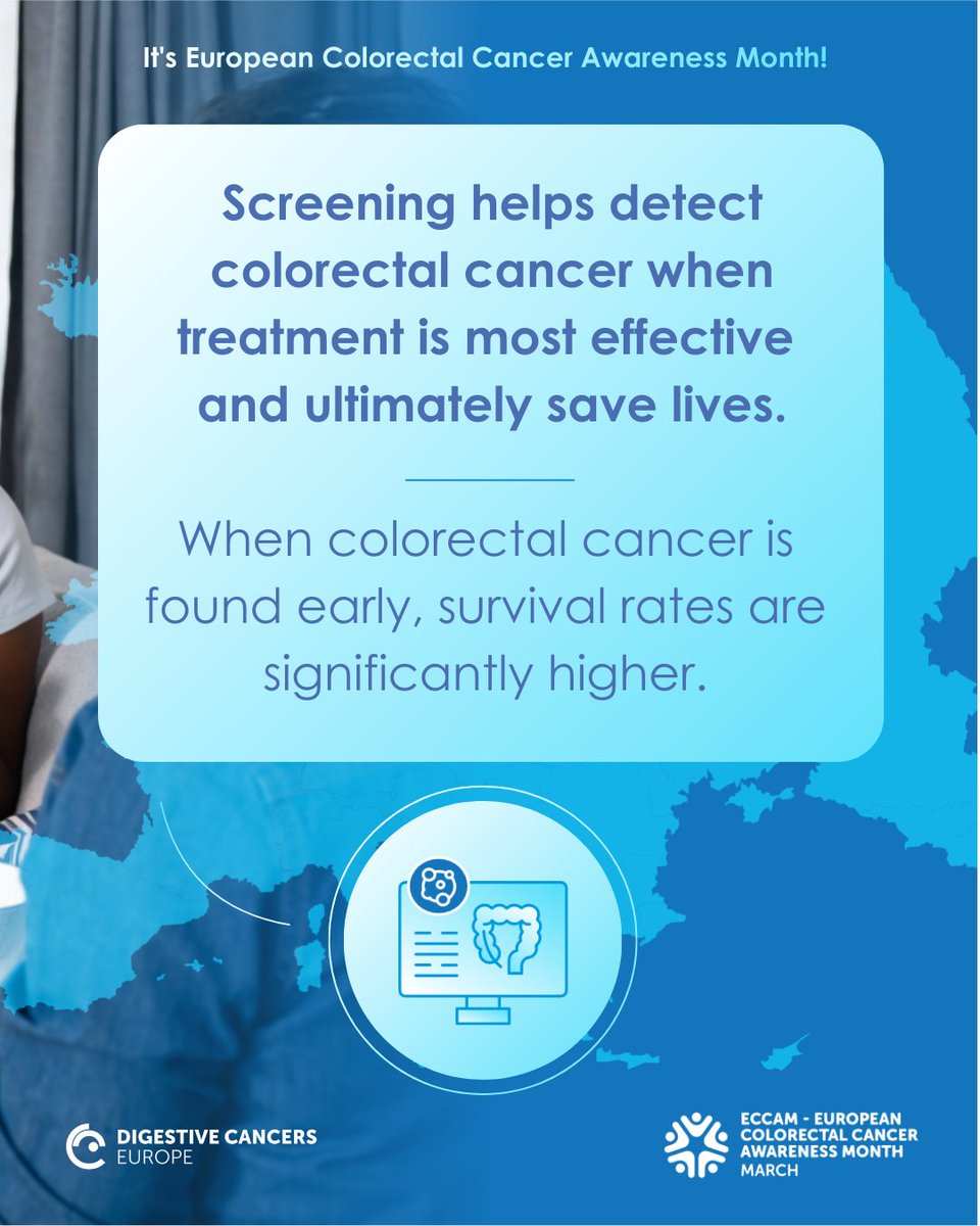dice_europe's tweet image. Screening helps detect #CRC when treatment is most effective &amp;amp; ultimately saves lives.

When CRC is found early, survival rates are significantly higher.

So, don’t wait for symptoms to show up. If you are 50-74* get screened &amp;amp; take charge of your health &amp;amp; future.

#ECCAM2026