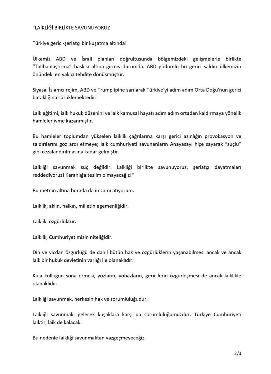 eminagaoglu's tweet photo. "LAİKLİKLİĞİ BİRLİKTE SAVUNUYORUZ" bildirisi konusunda,
Ankara Cumhuriyet Başsavcılığı'nda 3 Mart 2026 tarihinde ifademi verdim.

Hiç kimse laikliği savunmak nedeniyle suçlanamaz. 
Laikliği savunmak suç ise bu suçu işlemeye devam edeceğiz.
Laikliği savunduğumuz ve savunmaktan vazgeçneyeceğimiz için aynı metni ifadem olarak da yazıp altına imzamı attım.

Laiklik özgürlüktür.
Din ve vicdan özgürlüğü dahil, bütün hak ve özgürlüklerin yaşanabilmesi, ancak ve ancak laik hukuk devletinin varlığı ile olanaklıdır.

Laikliği savunmak, herkesin hak ve sorumluluğudur. 
Laikliği savunmak gelecek kuşaklara karşı da sorumluğumuzdur.
Bu nedenlerle laikliği savunmaktan asla vazgeçmeyeceğiz.
#LaiklikÖzgürlüktür 
#LaikliğiBirlikteSavunuyoruz