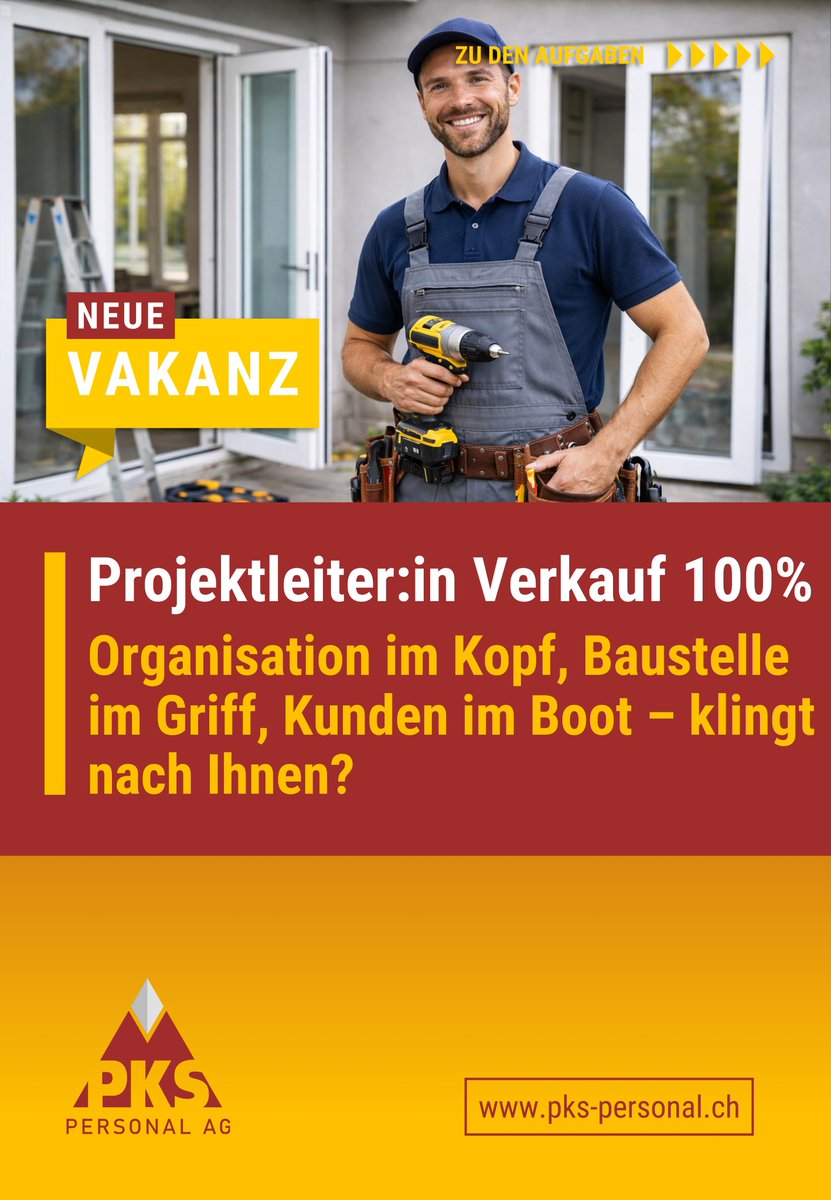 👉pks-personal.ch/stellen/projek…

Projektleiter:in Verkauf 100% - Organisation im Kopf. Projekte im Griff und Kunden zufrieden. Klingt nach Ihnen

Für unsere Mandantin suchen wir eine strukturierte Persönlichkeit für Projektleitung und Verkauf im Umfeld Fenster/Türen/Holztechnik. Von