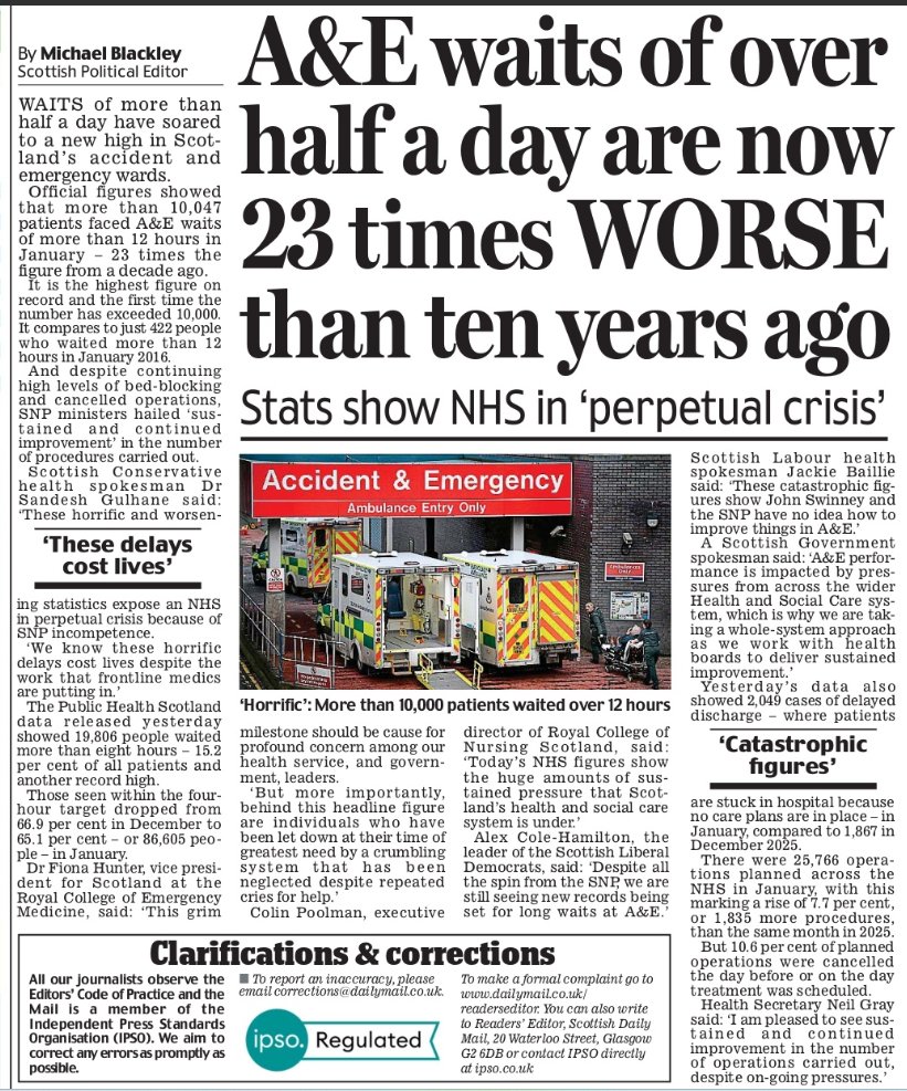 A&amp;E waits over 12 hours in Scotland are now 23 TIMES worse than ten years ago.

Patients are now paying the price for an SNP 'government' that spends its time obsessing about independence.