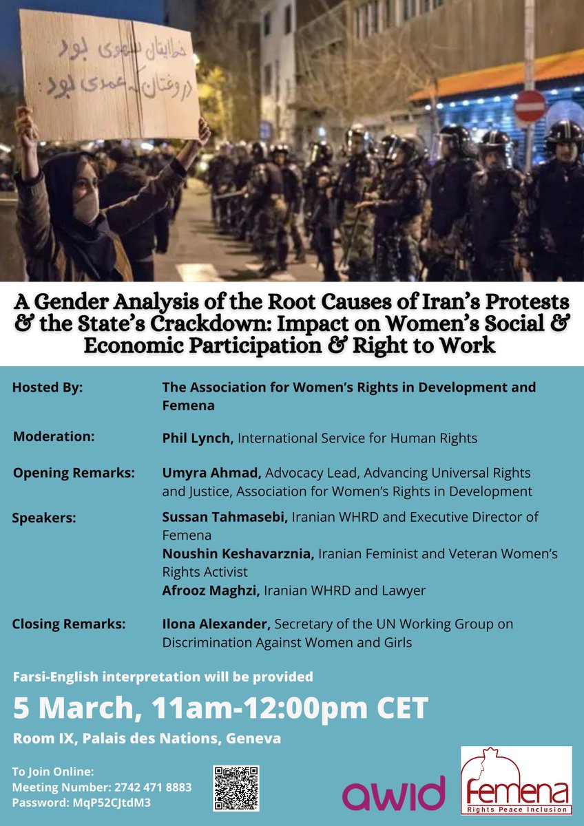 FemenaNet's tweet photo. What are the #gendered roots of #Iran #protests —and the impact of the brutal crackdown on women and #WHRDs? Join us for a critical discussion on 5 March at the #HRC61. @AWID @sussantweets @afrooz_maghzi https://t.co/Nc8fnDx8YQ