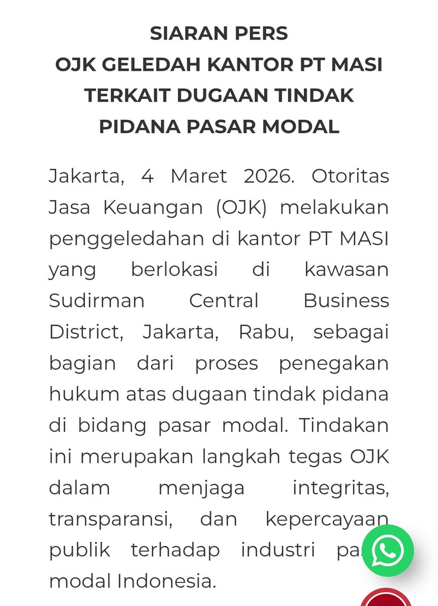 Ini guys, sekuritasnya PT MASI 

Terkait Dugaan Tindak Pidana Pasar Modal. Sahamnya $BEBS

Sumber: ojk.go.id/id/berita-dan-…