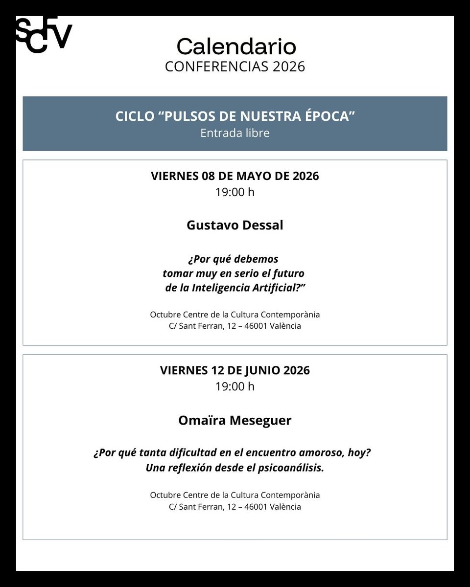 semcfValencia's tweet photo. Os dejamos la agenda de marzo. 
Y en 2026 abrimos espacios de conversación con el ciclo “Pulsos de nuestra época”: una lectura del presente. https://t.co/5iiuO1Ct4e