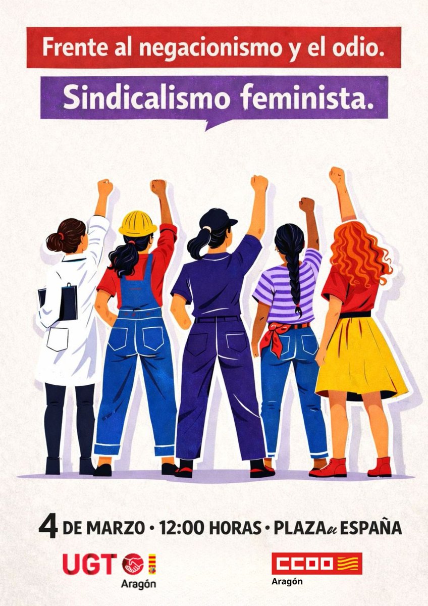 📍Hoy realizamos el acto conjunto con UGT Aragón con motivo de la celebración del #8M 
A las 12:00 h. en Plaza de España de Zaragoza.
Acércate y grita con nosotras 📣 Frente al negacionismo y el odio #SindicalismoFeminista