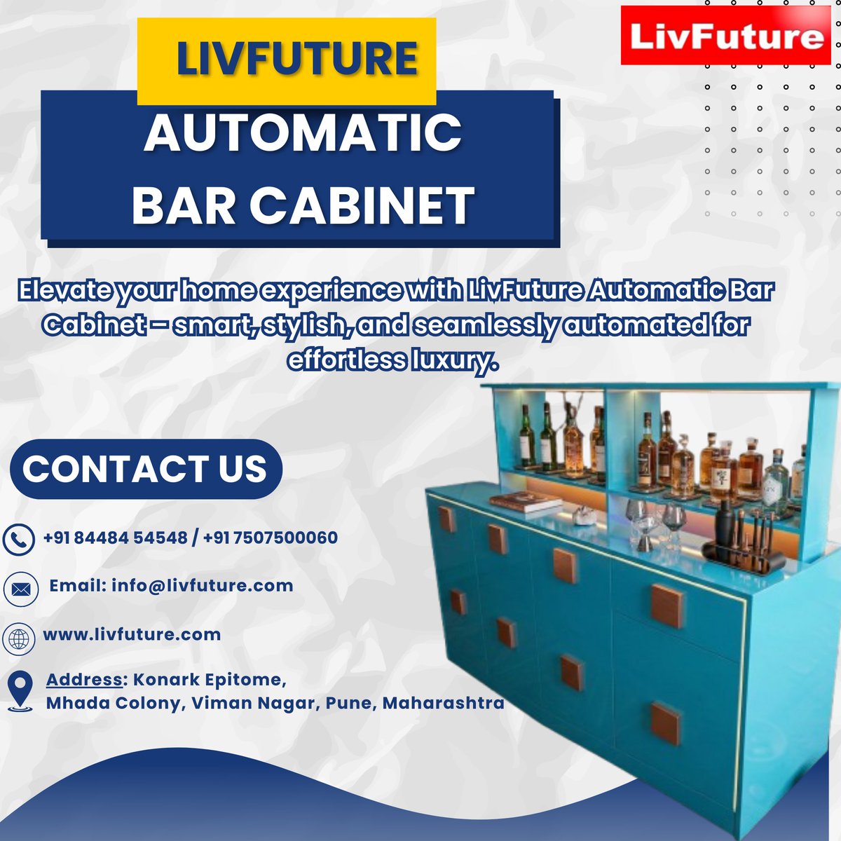 LivfutureL's tweet photo. Upgrade your home with LivFuture’s Automatic Bar Cabinet – sleek, stylish, and effortlessly automated for a premium entertaining experience. ✨

📍 Address: Konark Epitome, MHADA Colony, Viman Nagar, Pune, Maharashtra 411014
📞 Call Us: +91 84484 54548 | +91 7507500060 https://t.co/PaLxqLIwNT