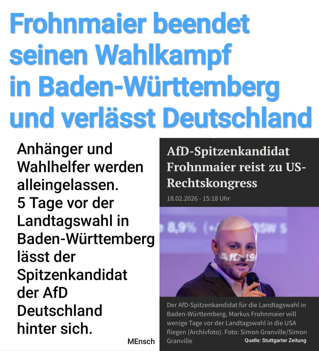 ... Endspurt im Wahlkampf um das Amt des Ministerpräsidenten in Baden-Württemberg❓️
Nein danke. 
▶️ Frohnmaier setzt klare Prioritäten.

stuttgarter-zeitung.de/inhalt.kurz-vo…