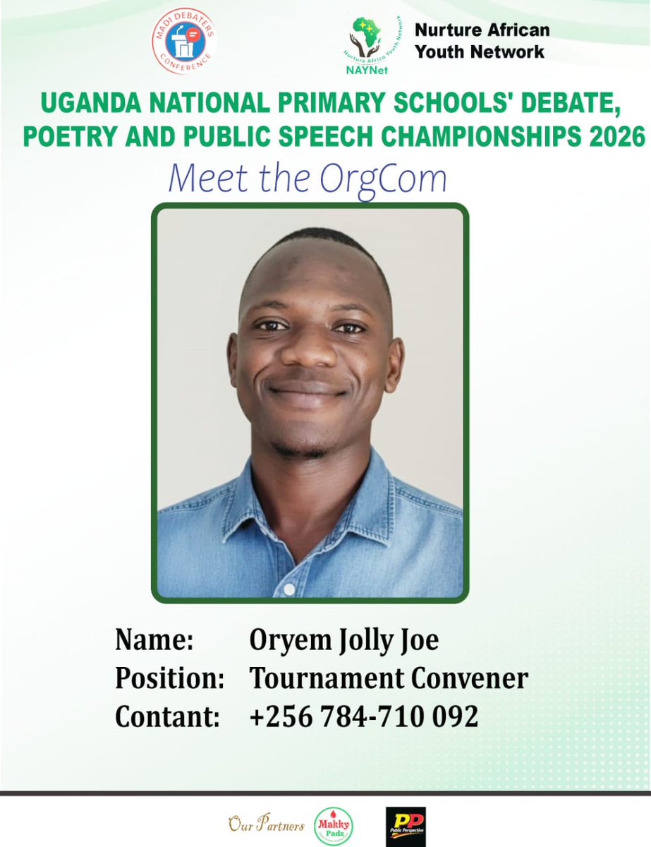 NNaynet13914's tweet photo. We are proud to announce the dedicated leaders of  2nd Edition-Uganda National Prim Schools Debate Poetry&amp;Public Speech Championship(UNPSDC26).
•Mr.Kanda Ruku-Tournament Director
•Mr.Oryem Jolly Joe-Tournament Convener
•Mr.Ainemukama Denis-Digital Engagement &amp;Comm's Officer https://t.co/tD0KsAFjBb