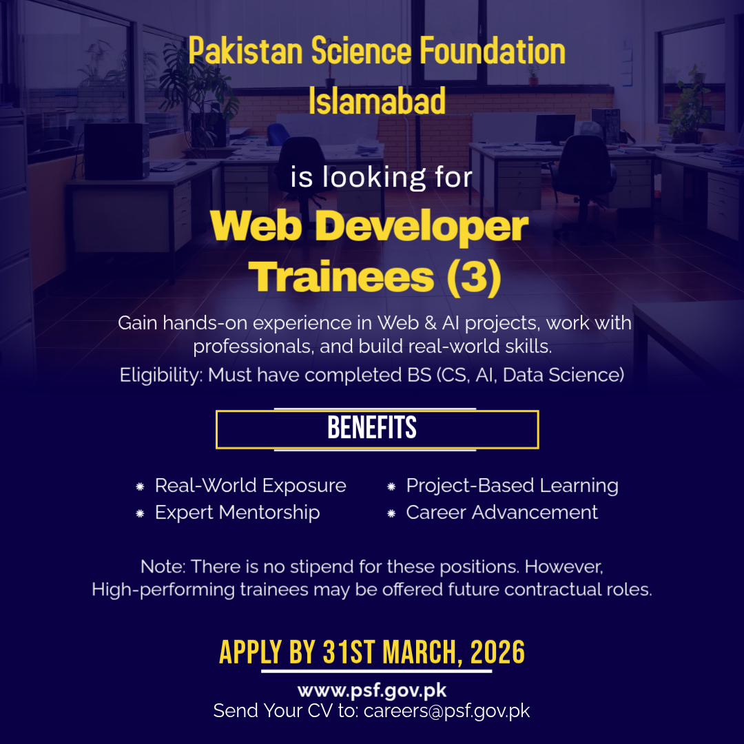 usmi_usman's tweet photo. Web Developer Trainees Opportunities at Pakistan Science Foundation

Deadline: 31st March, 2026

Details: https://t.co/2aUFrNR7eQ

#jobs #aspnet #c #web #research #ai #internship #training https://t.co/KYP3gy4gx3