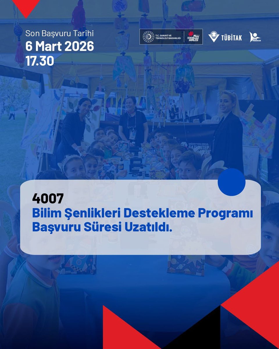 📢 TÜBİTAK 4007 - Bilim Şenlikleri Destekleme Programı başvuruları 6 Mart 2026 Cuma günü saat 17.30’a kadar uzatılmıştır.

Detaylı bilgi için: 
tubitak.gov.tr/tr/destekler/b

<a href="/tcmeb/">Millî Eğitim Bakanlığı</a> <a href="/TCMalatyaV/">TC Malatya Valiliği</a> <a href="/Tubitak/">TÜBİTAK</a> <a href="/behcet_bakir/">behçet bakır 🇹🇷</a>