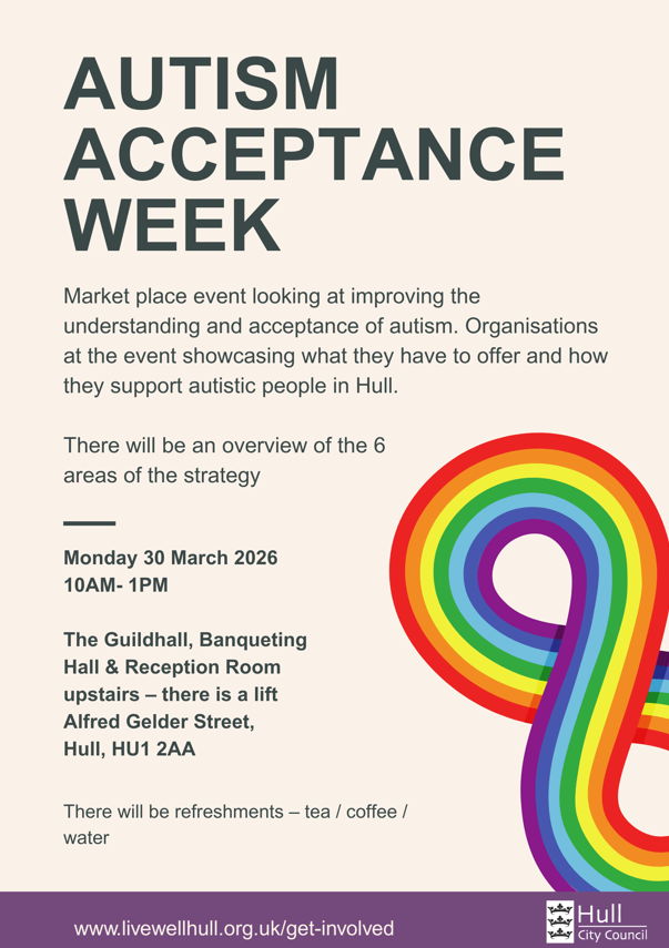 LiveWellHull's tweet photo. 🤩AUTISM ACCEPTANCE WEEK STARTS TOMORROW!🤩

Join us for a market place event focusing on improving the understanding and acceptance of autism, with organisations from all across Hull!

📅Monday 30 March

⏰10am – 1pm

📍The Guildhall, Hull, HU1 2AA https://t.co/BM7dBac0el