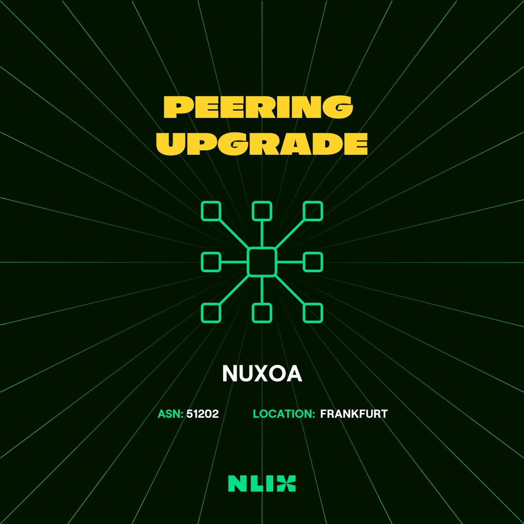 nl_ix's tweet photo. Weโre happy to announce that @nuxoait is now peering with us in Frankfurt. ๐
Welcome to the NL-ix community!
๐ See who else is connected:
๐ https://t.co/U6K04XzgWB
#nlix #betheinternet #InternetExchange #peering #bgp #iptransit #cloud #datacenter #network #interconnection #routing #transport #antiddos #ElasticInterconnect
