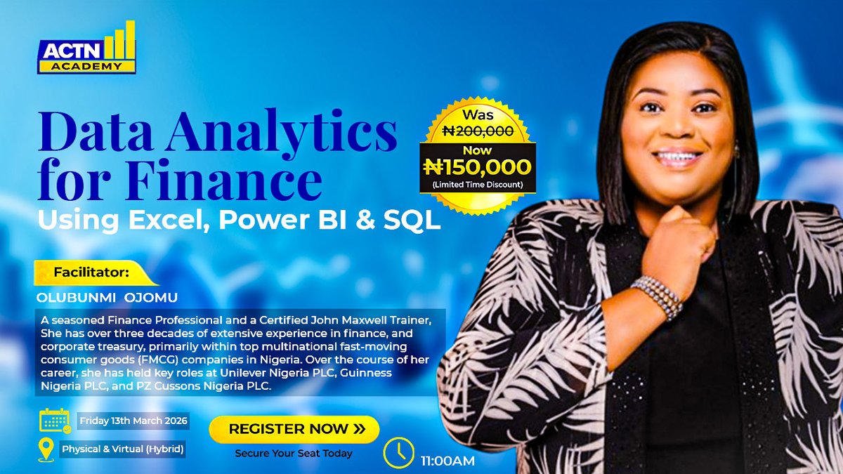 Are you making treasury decisions based on data or assumptions?

Learn how to turn financial data into strategic insights.

📊 Data Analytics for Finance
📅 March 13, 2026
⏰ 11AM
Facilitator: Olubunmi Ojomu
30+ yrs finance leadership.
Register today.actn.org.ng/2026-training-…