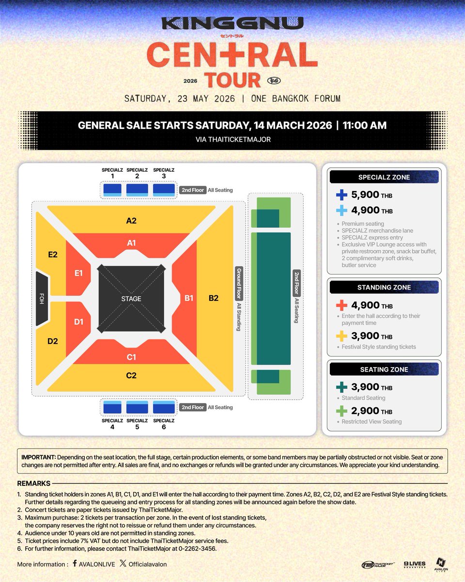 🚨 [รายละเอียดการจำหน่ายบัตร] King Gnu CEN+RAL Tour 2026 in Bangkok

เตรียมพบกับ "King Gnu" วงร็อกระดับพระกาฬแห่งยุคจากญี่ปุ่น ในทัวร์เอเชียที่ยิ่งใหญ่ที่สุดของวง พร้อมประเดิมโชว์แรกนอกญี่ปุ่นที่กรุงเทพฯ! สัมผัสประสบการณ์ดนตรีแบบ 360° Center Stage