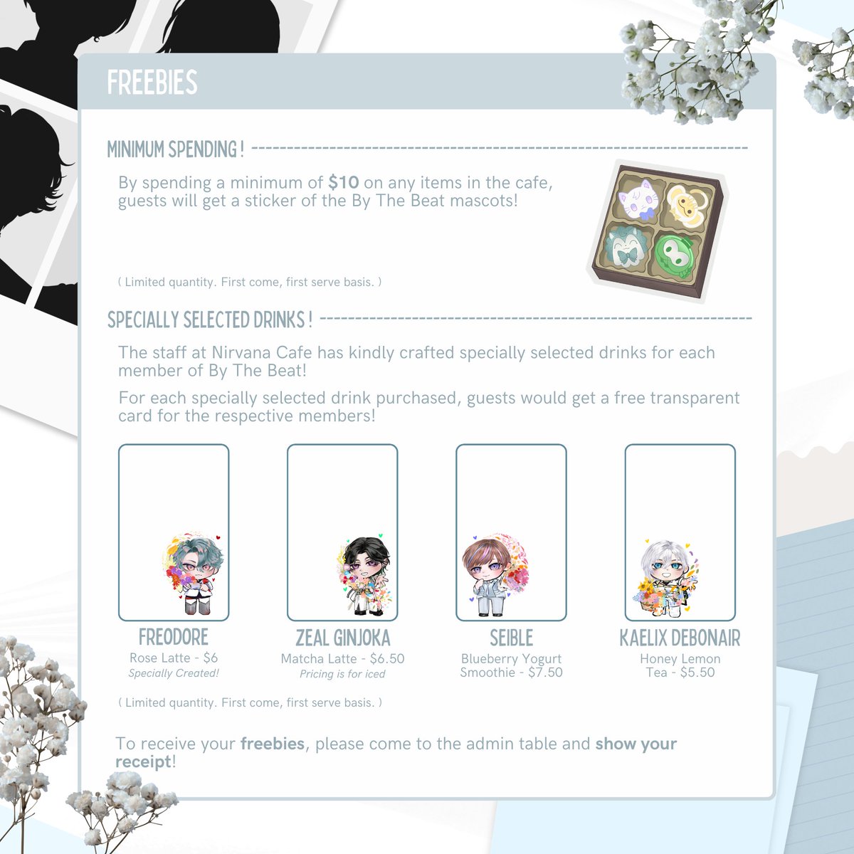 2434oclock's tweet photo. dear #HZBEATS

wanna know how can you redeem some freebies as well as play some exciting games? come take a look! 

spending $10 on any menu items let's you get a sticker of the BTB mascots ! 
and if you get our specially crafted drinks, you could get a transparent card of the— https://t.co/CMouFKDMRN