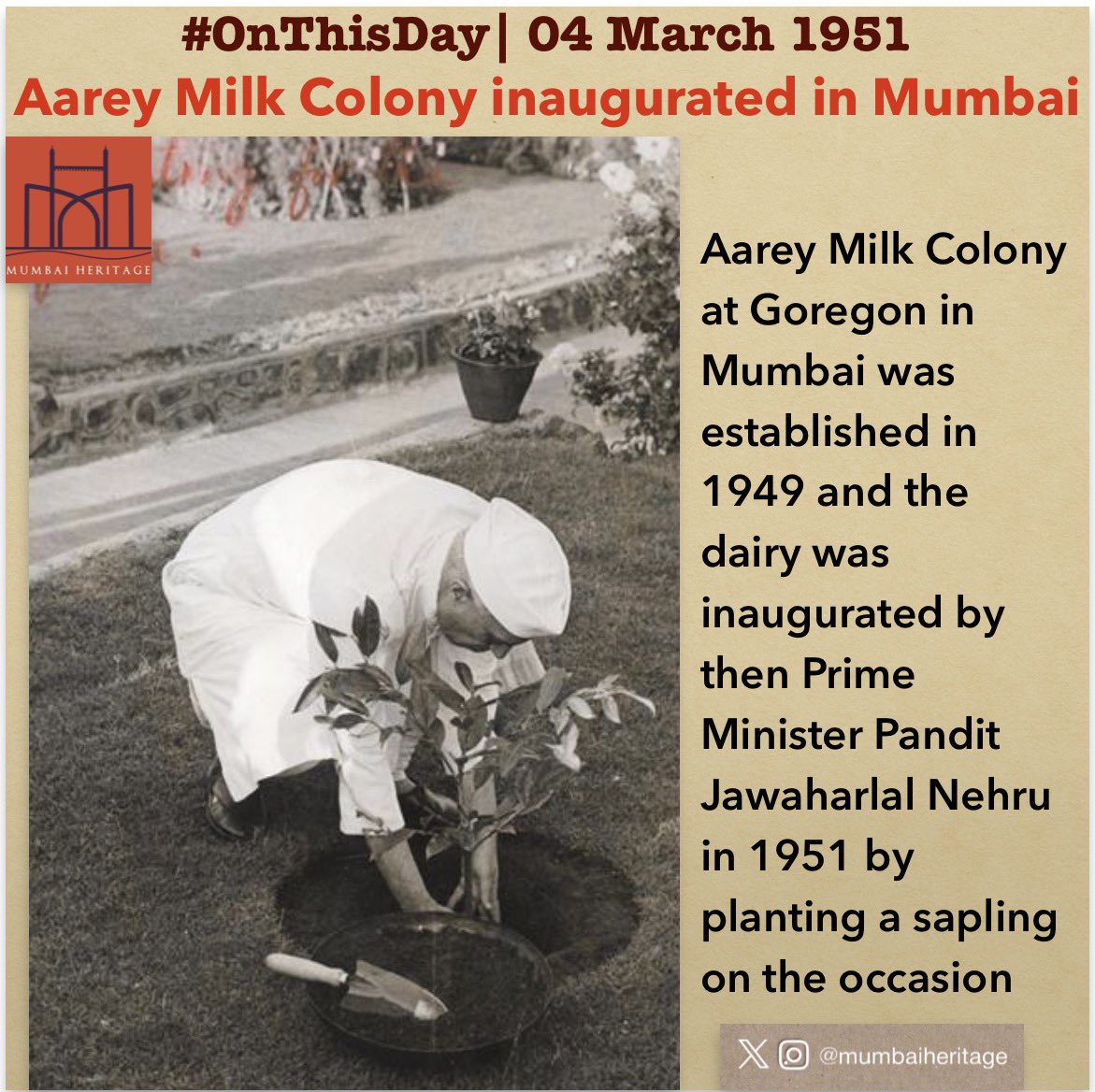 #OnThisDay Aarey Milk Colony at Goregon in Mumbai was established in 1949 and the dairy was inaugurated by then Prime Minister Pandit Jawaharlal Nehru in 1951 by planting a sapling on the occasion. 
The name “Aarey” originates from a village called “Areyn” which was listed in