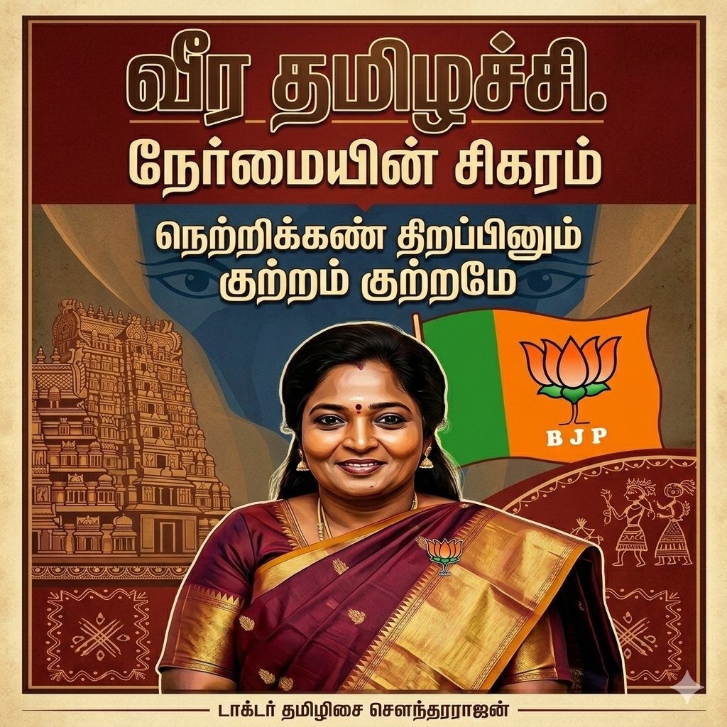 samiraj_04's tweet photo. வீர தமிழச்சி ...@DrTamilisai4BJP
நேர்மையின் சிகரம் .. 
@BJP4TamilNadu @BJP4India @AshwiniVaishnaw @narendramodi @tweeterPill @Devi1975109 @Devi_Uvacha @shrivathsan79 @RrRajagopalan
#TamilNadu #TamilNaduPolitics #tamilanda #BJP4IND #bjp https://t.co/OgTOQzpkQa