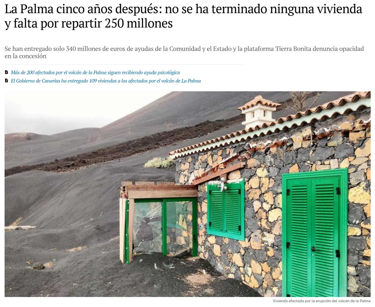 Acaba de decir Pedro Sánchez, en una comparecencia con el tono de Heidi pero alineándose con China, que él no va a abandonar a los españoles, como no abandonó a los afectados por el volcán de la Palma.

La Palma hoy, cinco años después: