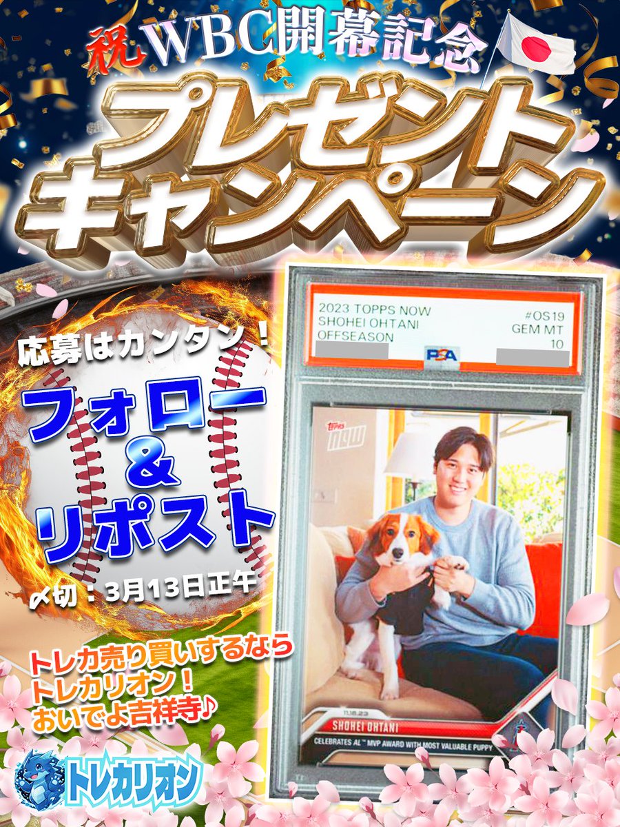 ◥◣＿＿＿＿＿＿＿＿＿◢◤

　　💥WBC開幕記念💥
🚨プレゼントキャンペーン🚨

◢◤￣￣￣￣￣￣￣￣￣◥◣

🇯🇵がんばれ侍ジャパン！！🇯🇵
大谷翔平選手＆愛犬デコピンの
PSA10を1名様にプレゼント⚾🐶

【応募方法】
✅<a href="/Traca_rion/">トレカリオン【吉祥寺のカードショップ】</a> をフォロー
✅この投稿をリポスト

#トレカ
#ShoheiOhtani