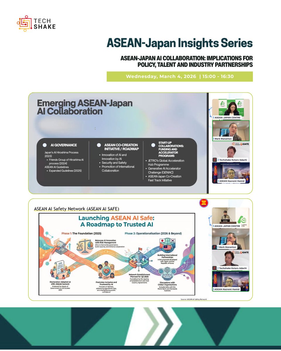 TechShake01's tweet photo. 本日、ASEAN日本センター主催の「ASEAN–Japan AI Collaboration」ウェビナーにて、TechShake CEO兼共同創業者の足立幸太郎が登壇し、ASEANと日本におけるAI政策を実践的な連携へとつなげる産業界の視点を共有しました。

#ASEANJapanInsights #AI #ASEAN #日本 #テック政策 https://t.co/TChvvsKi2B