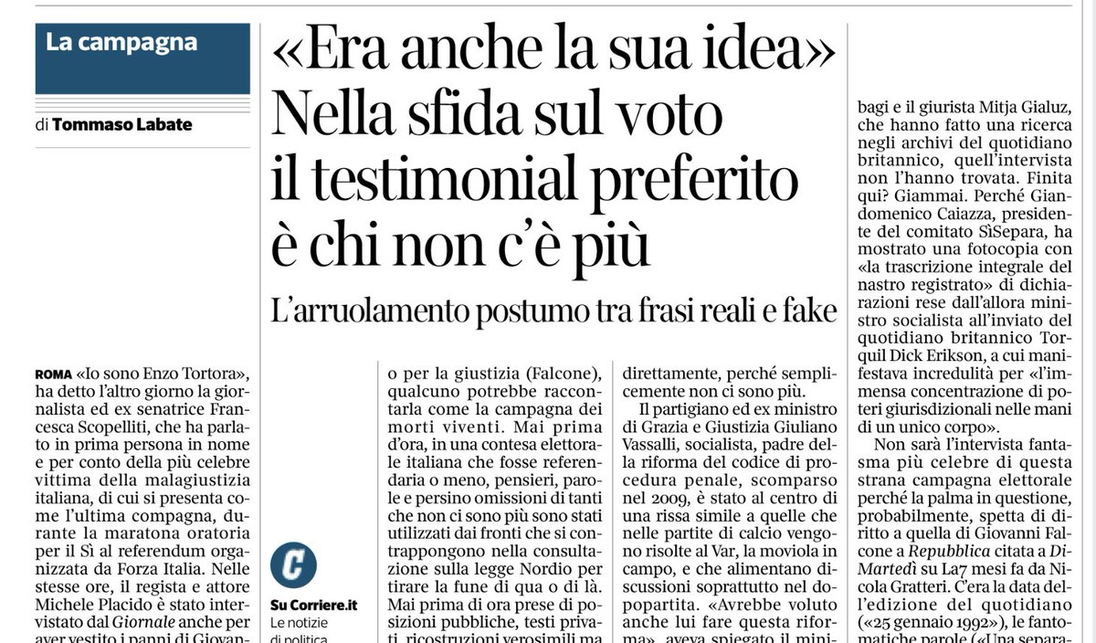 GibelliTiziana's tweet photo. Da @Corriere di oggi.
Io avrei titolato: il boomerang dei “#falsi d’autore” del #fronteNO”, visto che le bugie sul pensiero di Falcone e Vassalli e la ricostruzione sciocca (dimostrazione che la giustizia funziona🙄) dei #NOisti stanno rafforzando il #SÌsepara 🙂 https://t.co/d0gnxj0vo3