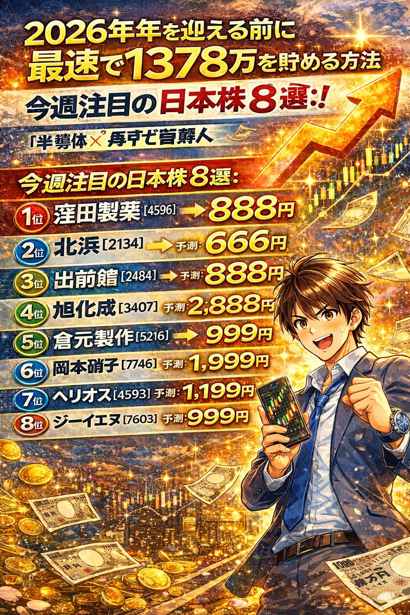 for521's tweet photo. 2026年までに1378万円を狙う📈
今週注目の日本株8選

① 窪田製薬ホールディングス（4596）
② 北浜キャピタルパートナーズ（2134）
③ 出前館（2484）
④ 旭化成（3407）
⑤ 倉元製作所（5216）
⑥ 岡本硝子（7746）
⑦ ヘリオス（4593）
⑧ ジーエフシー（7603）

👍いいね＆フォローで詳細共有 https://t.co/oRHbf8tN2w