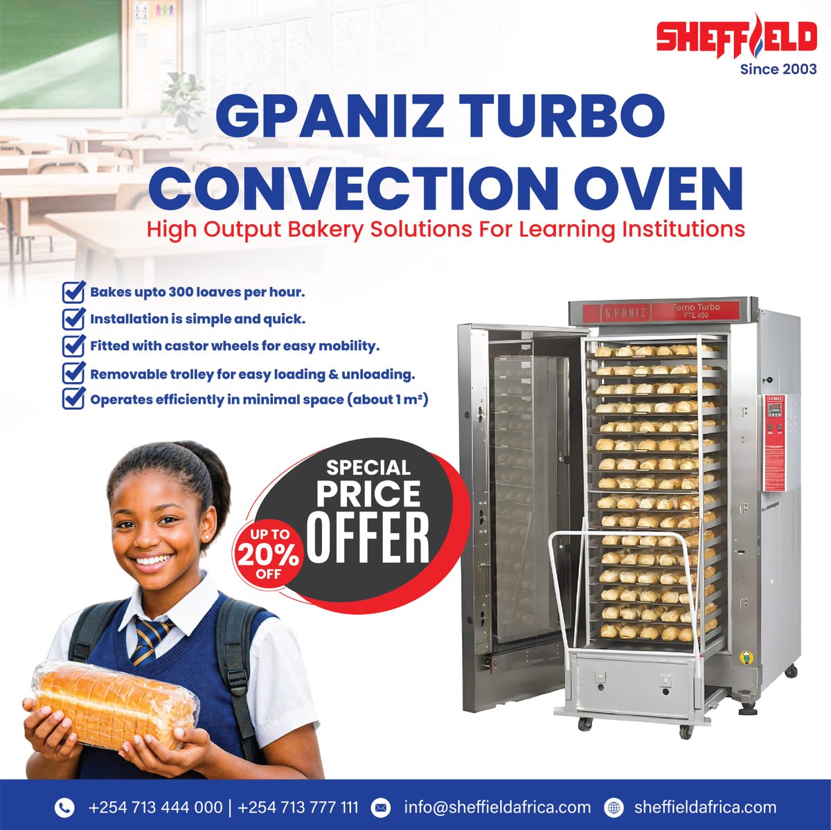Feeding hundreds daily? Scale matters.
GPANIZ Turbo Convection Oven:
• 300 loaves/hour
• Compact 1m footprint
• Mobile &amp; efficient
Built for institutional kitchens.
📞 Up to 20% OFF.
#sheffieldafrica #bakeryequipment #school #institutionalkitchen