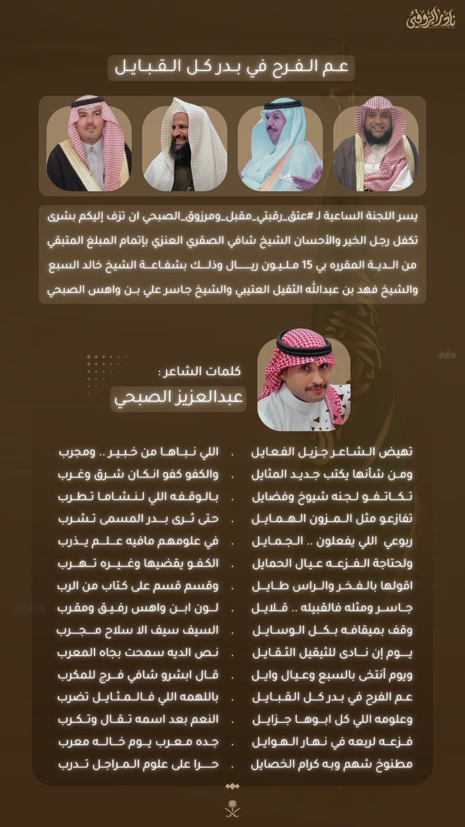 تفارعو مثل المزون الهمايل 
حتى ثرى بدر المسمى تشرب
عم الفرح في بدر كل القبايل 
بالهمه اللي فالمثايل تضرب

#قبيلة_صبح 
#بدر 
#عبدالعزيز_الصبحي
