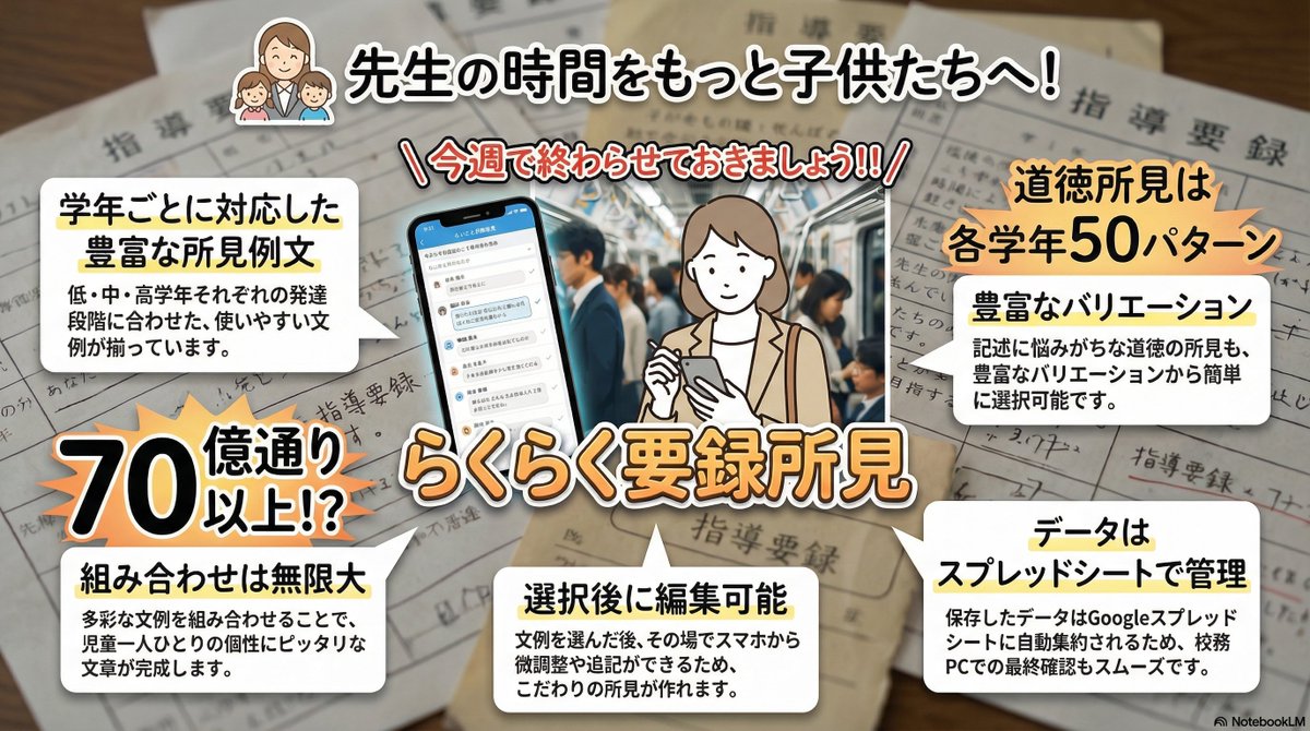 rohimotoiwaka's tweet photo. 指導要録の所見、 スマホでポチッとするだけ！
通勤時間で「総合」と「道徳」の所見が終わります。

✅ 総合所見も道徳も、1画面でまとめて作成！ 
「総合所見」と「道徳の記録」の入力欄が1つの画面にまとまっているため、画面をあちこち切り替える手間なく一気に書き上げられます。
✅ 文例を「ポチッ」と選ぶだけで文章がサクサク完成！ 
項目ボタンやプルダウンから使いたい文例をタップするだけで、テキストエリアに自動で文章が追加されていきます。 
✅ 「あと何文字？」がすぐわかるリアルタイム文字数カウント！ 
入力や修正をするたびに文字数を自動計算して画面に表示してくれるので、文字数調整のストレスから解放されます。 
✅ スプレッドシートに自動保存＆いつでも再編集！ 
入力したデータはクラスごとに自動保存・上書きされ、「作成済みリスト」から児童名を選べばいつでも呼び出して続きから編集できます。
使ってみたい先生へ 
 以下の3ステップでツールをお渡しします！ 
1️⃣ このアカウントをフォロー 
2️⃣ この投稿をいいね ＆ リポスト 
3️⃣ DMで「らくらく要録所見」とメッセージを送信💌

🗣️ すでに使っている先生方へ 
ぜひ、実際の使い心地や「こんな風に時短になったよ！」という感想をリプで教えてほしいです！皆さんの声をお待ちしています✨
