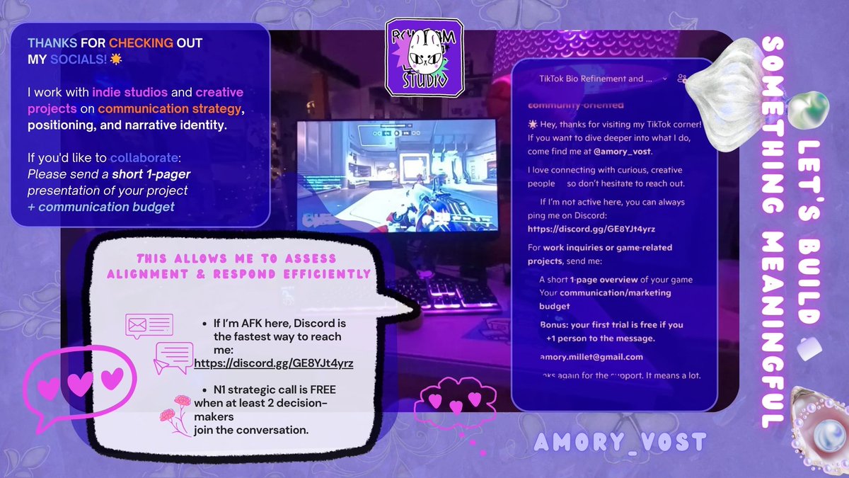 Thanks for checking out my Twitter/X 🥰

I work with indie studios and creative projects on communication strategy, positioning, and narrative identity. 🎮

If you'd like to collaborate, please send a 1-pager of your project + your expected communication budget 🔔