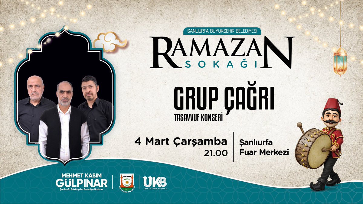 🌙✨ Ramazan Sokağı’nda Bu Akşam!

Şanlıurfa Büyükşehir Belediyesi’nin düzenlediği Ramazan Sokağı etkinlikleri kapsamında, tasavvuf müziğinin sevilen ismi Grup Çağrı sahne alıyor. 🎶🤲

📅 4 Mart Çarşamba
🕘 21.00
📍 Şanlıurfa Fuar Merkezi

Tasavvuf ezgileriyle gönüllere
