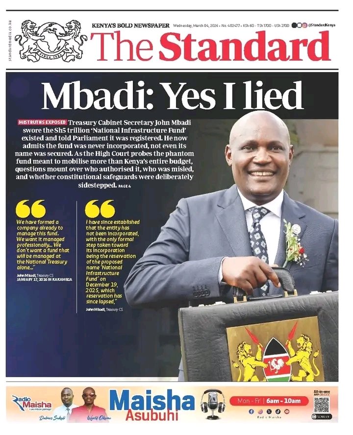 otienowill's tweet photo. When concerns were raised about the legality of the so-called National Infrastructure Fund, the response from regime loyalists was predictable: insults, slogans, and the usual anti-intellectual hysteria. Substance was replaced with chanting. Oversight was dismissed as sabotage.

Now the Treasury Cabinet Secretary, John Mbadi, has effectively conceded that the entity he previously presented to Parliament as existing was never incorporated. Not registered. Not legally constituted. Not secured.

That is not a clerical oversight. That is a governance failure of the highest fiscal order.

You do not announce a Sh5 trillion financing vehicle  larger than Kenya’s annual budget without legal personality, statutory backing, regulatory clarity, and risk containment structures