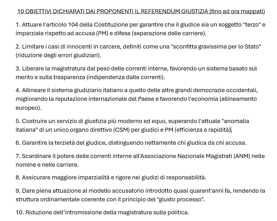 I proponenti del prossimo “Referendum Costituzionale DPR 13.01.2026” hanno dichiarato che la loro proposta referendaria persegue gli OBIETTIVI riportati nel documento allegato.
Tali obiettivi sono MISURABILI e COME? 

#ReferendumGiustizia