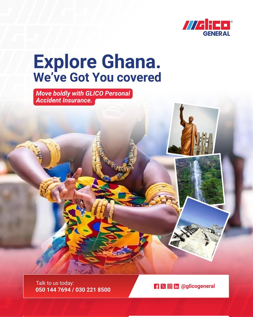 Glicogeneral's tweet image. From the vibrant streets of Accra to every adventure beyond, experience the beauty of Ghana with confidence

Learn more: +233 50 144 7694 or visit glicogeneral.com or visit any of our branches nationwide today.

#GhanaHeritageMonth #GLICOGeneral #PersonalAccidentInsurance